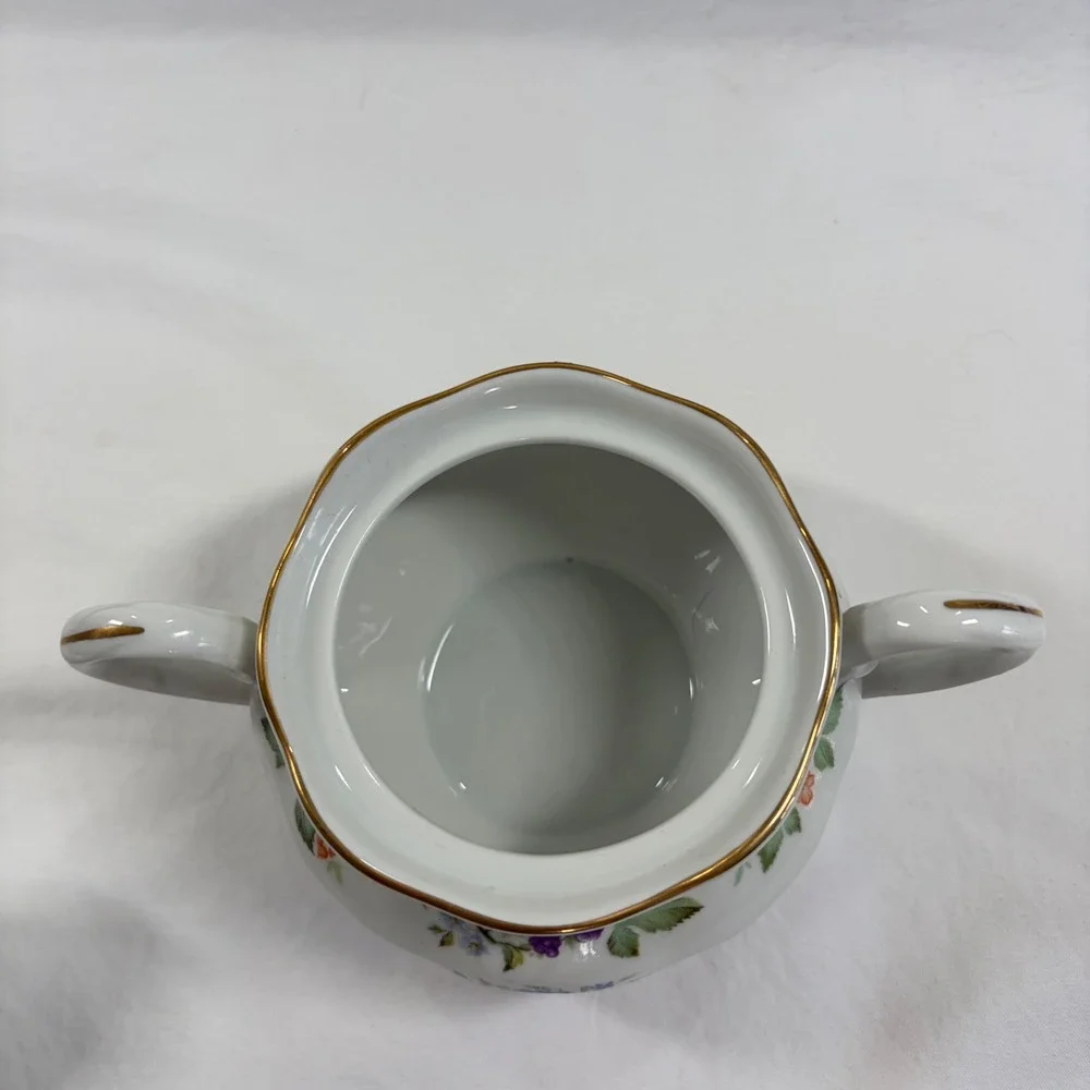 Karolina Poland Porcelain Sugar Bowl and Creamer Set Fruit Floral Gold Trim